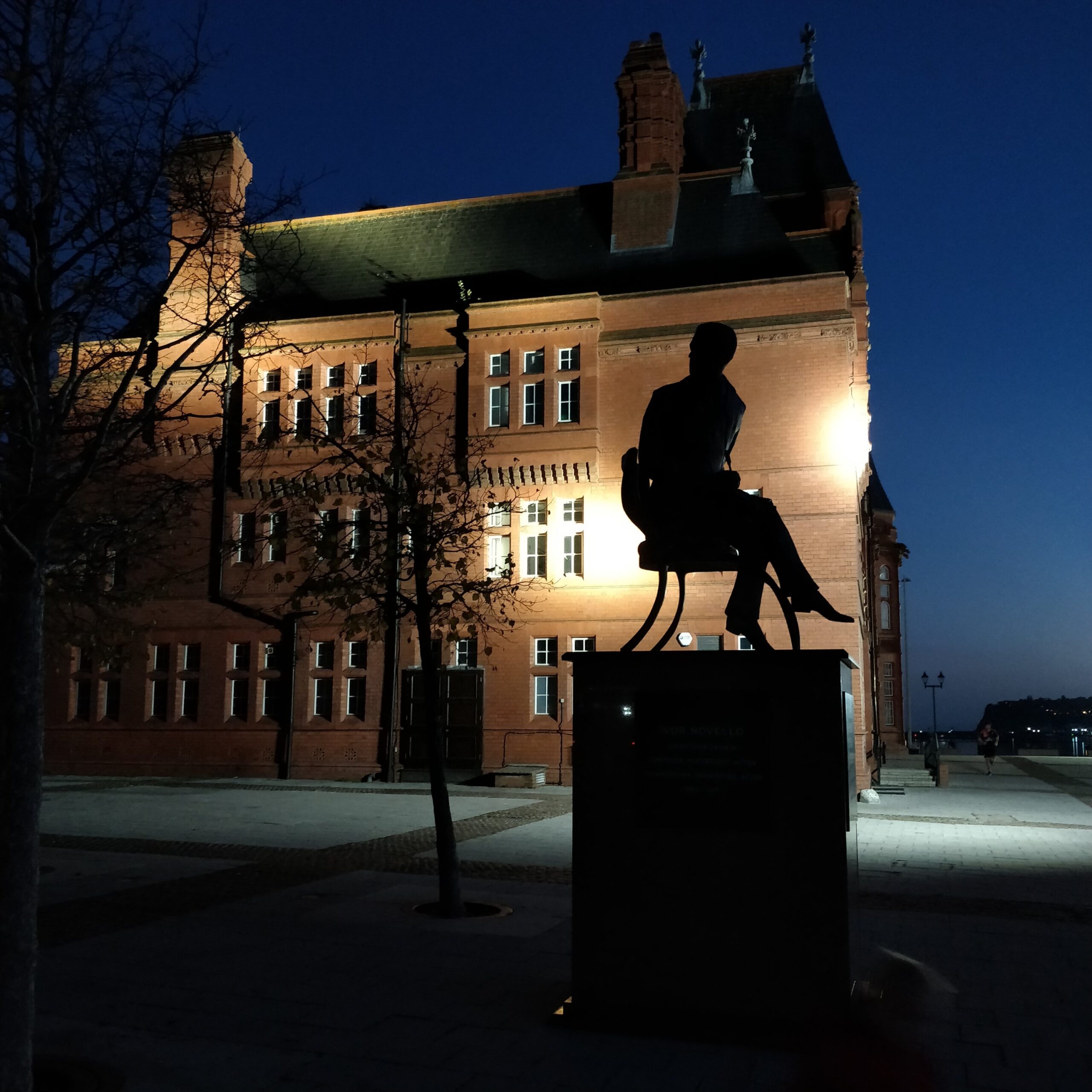 Ivor Novello statue, Bute Place, Cardiff – by night.