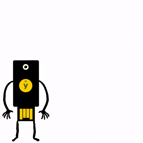 A GIF showing a Yubikey animated character. It mimics plugging itself into a computer then a speech bubble showing scrolling random text string, representing a string of encrypted text.